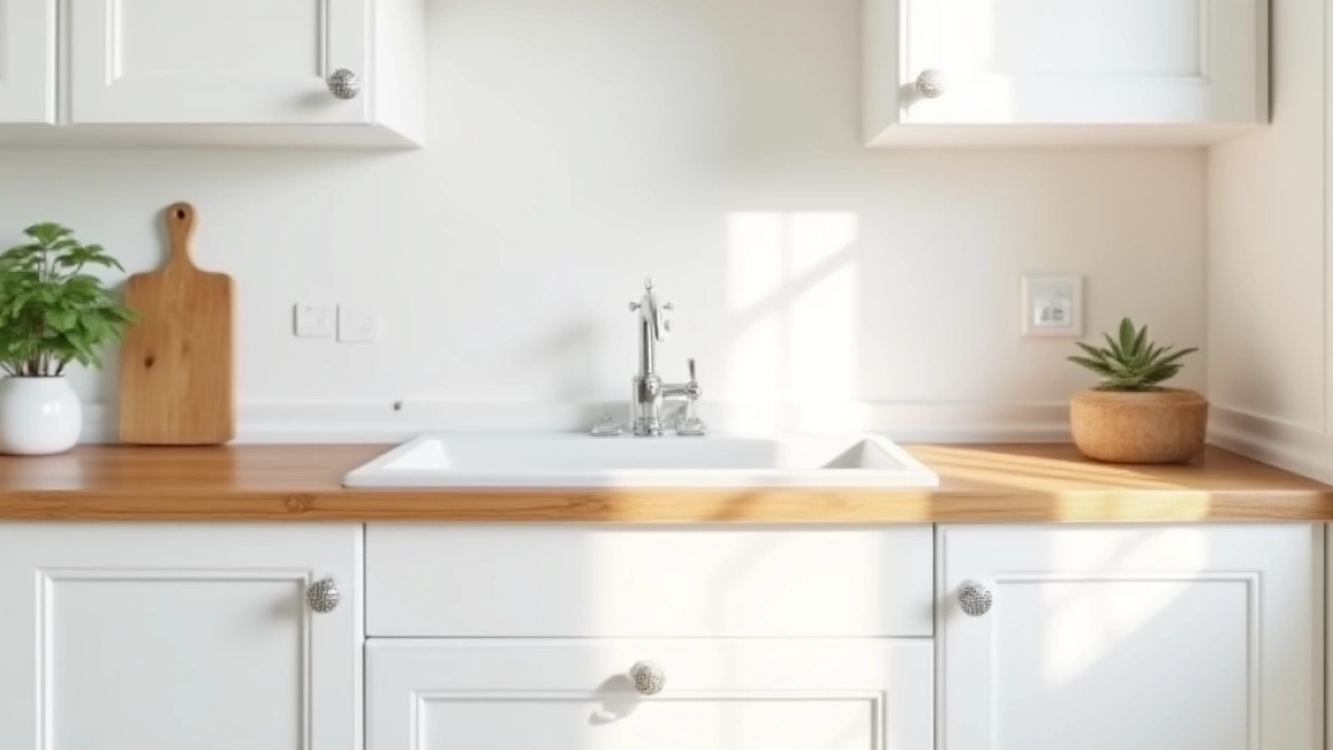 Biała kuchnia z drewnianym blatem co między szafkami