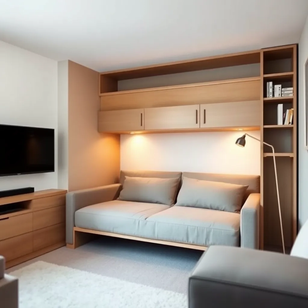 łóżko w szafie z sofą