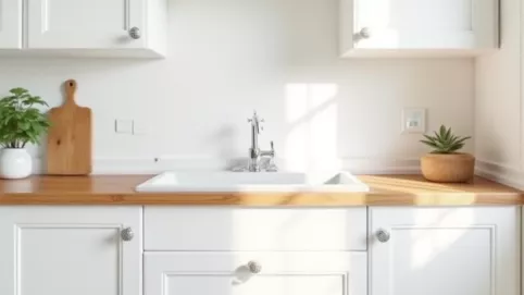 Biała kuchnia z drewnianym blatem co między szafkami